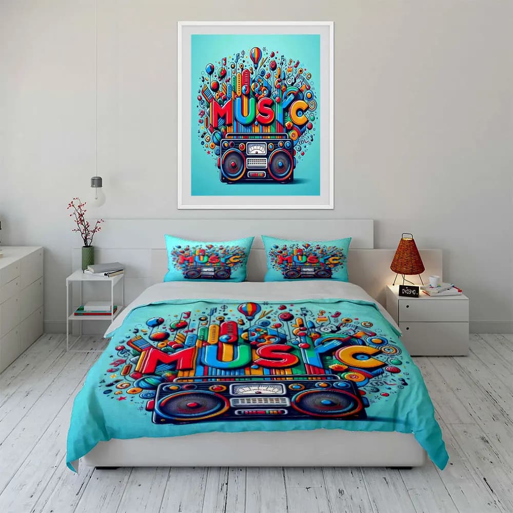 Set di biancheria da letto con poster decorativi a tema musicale, con 1 copripiumino e 2 federe, singolo, matrimoniale, king, queen, regalo