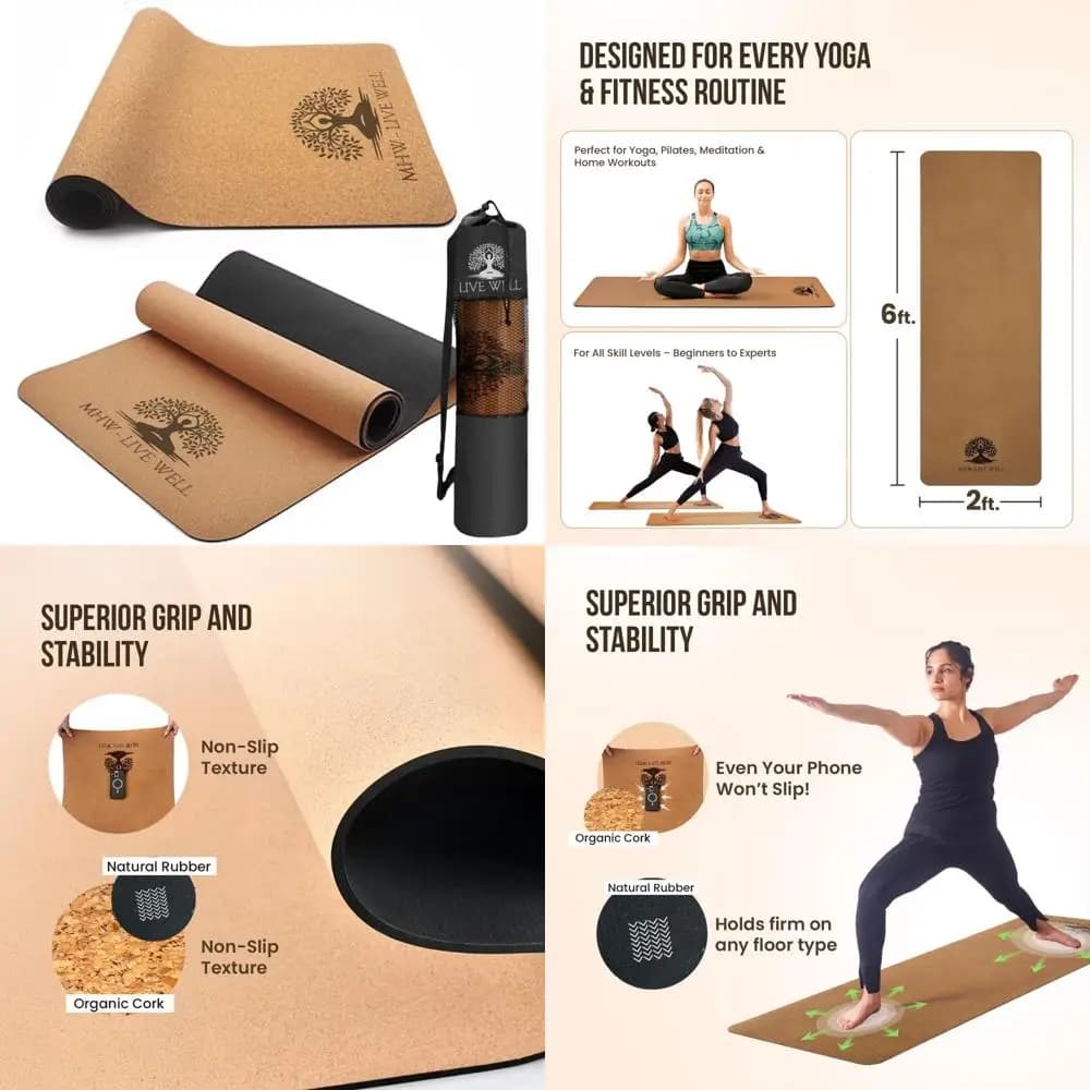 Ecological yoga mats in cork and TPE for home workouts: extra wide, long, foldable, non-slip, odor-resistant