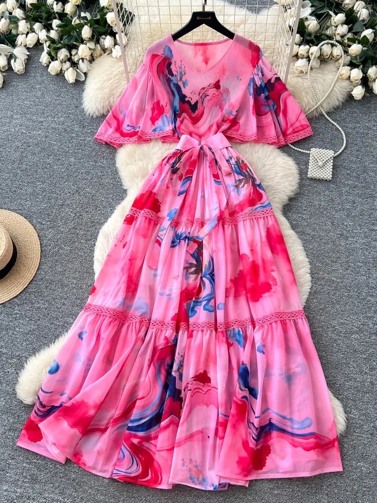 Summer Vacation Print Short Sleeve Pleated Dress Women's V-neck Waist-cinched Long Skirt High-End Slimming A-line Korean Style