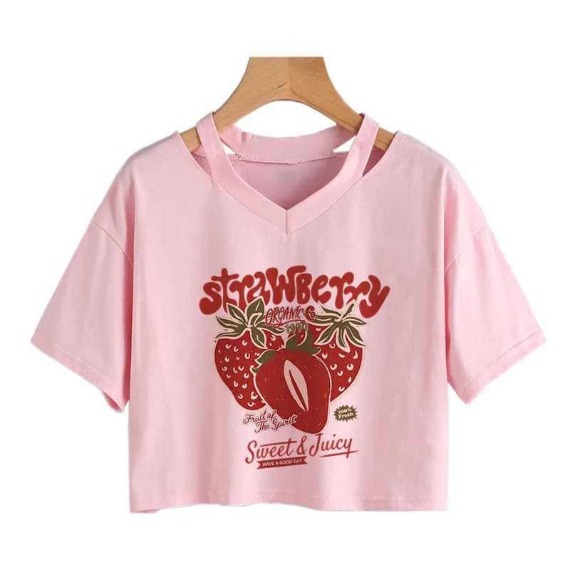 Strawberry Print Cropped T Shirt Women's V-neck Short Sleeve T-shirt 90s Graphic Crop Tops Clothes Vintage Y2k Tshirt Girls