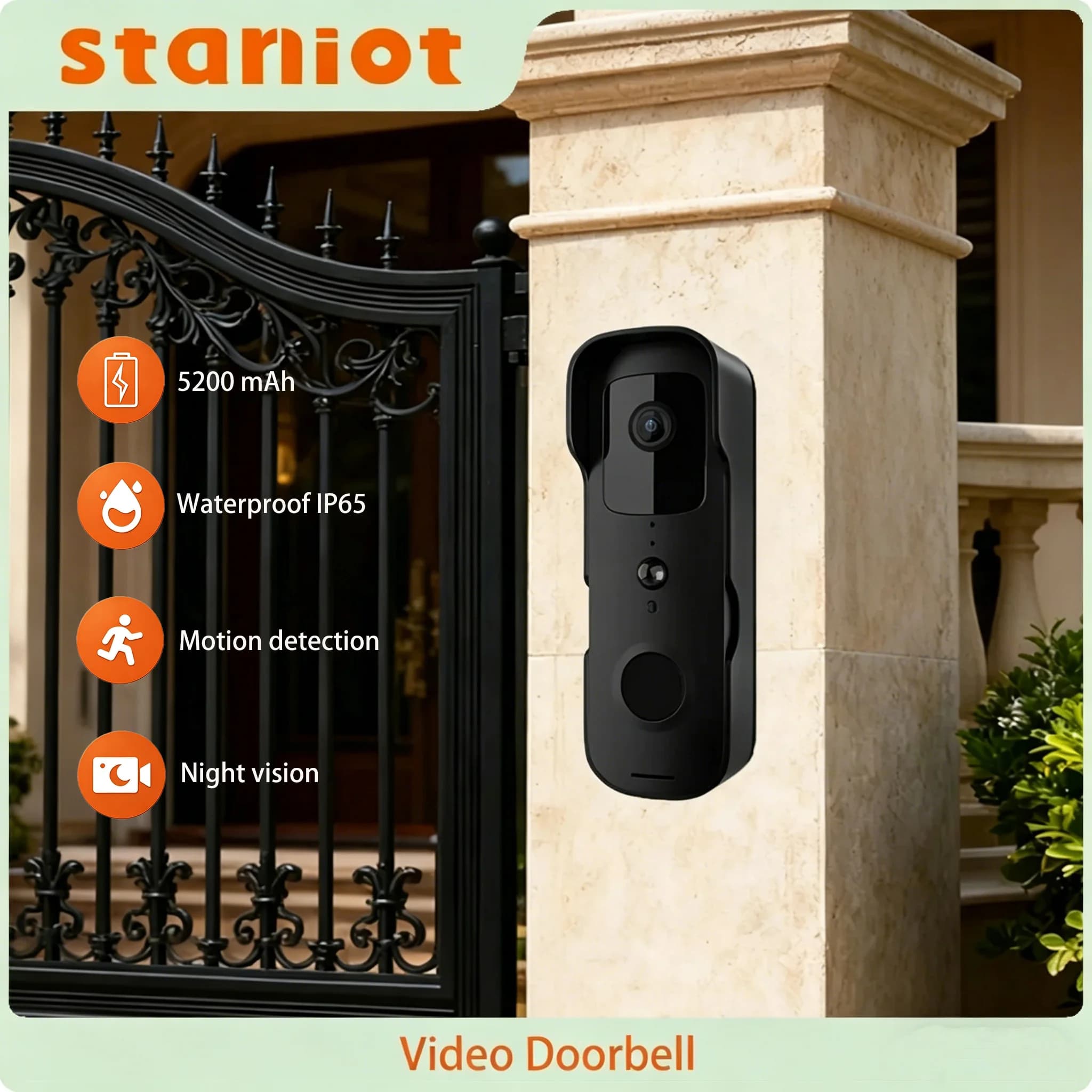 Staniot Videocitofono wireless per esterni Campanello citofono per casa intelligente Rilevatore di allarme impermeabile Telecamera di sicurezza per visione notturna