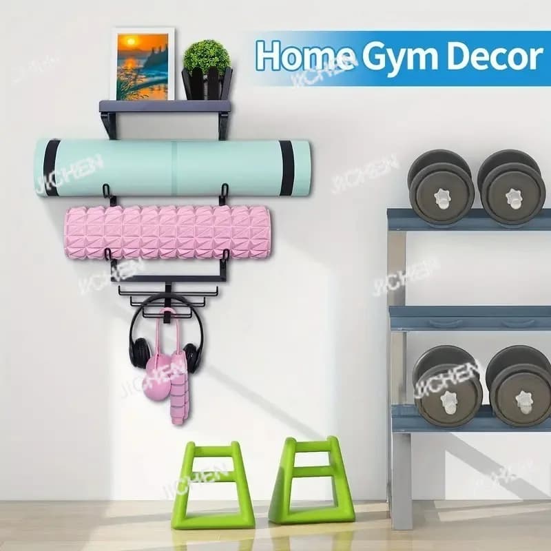 Wall mounted gym accessories with yoga mat support for hanging foam rods and resistance bands