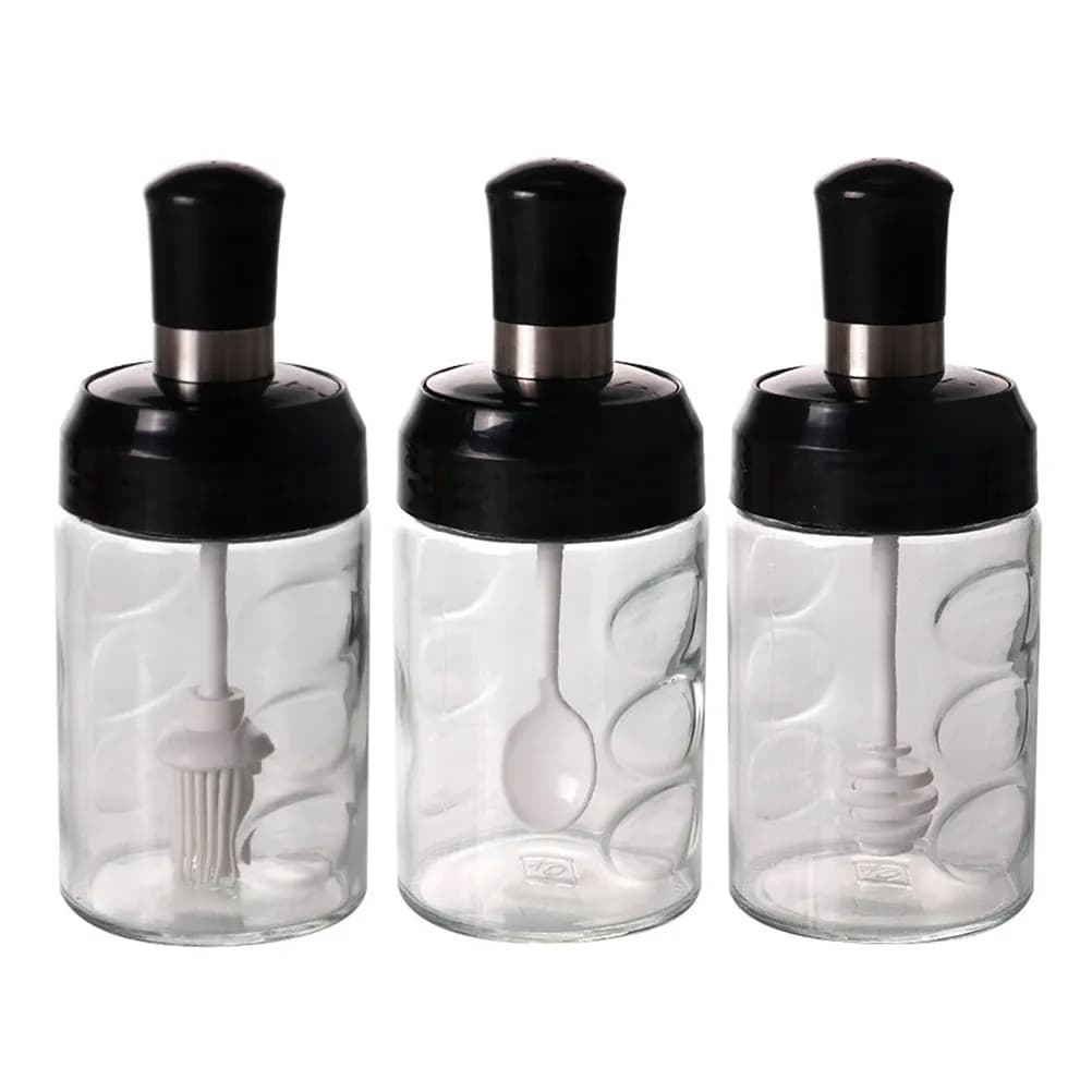 1Set Glass Seasoning Holder Kit Multipurpose Spice Jar Set with 3 Tool Lids Sealing Ring Non-Slip Kitchen Storage Container
