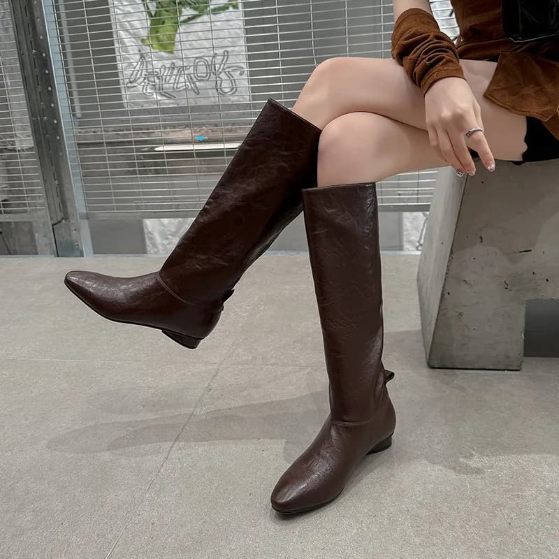 Arden Furtado 2025 Autunno Stivali da equitazione in microfibra Punta tonda Pull-on Tacco basso Stivali alti al ginocchio Stivali da donna pendolari