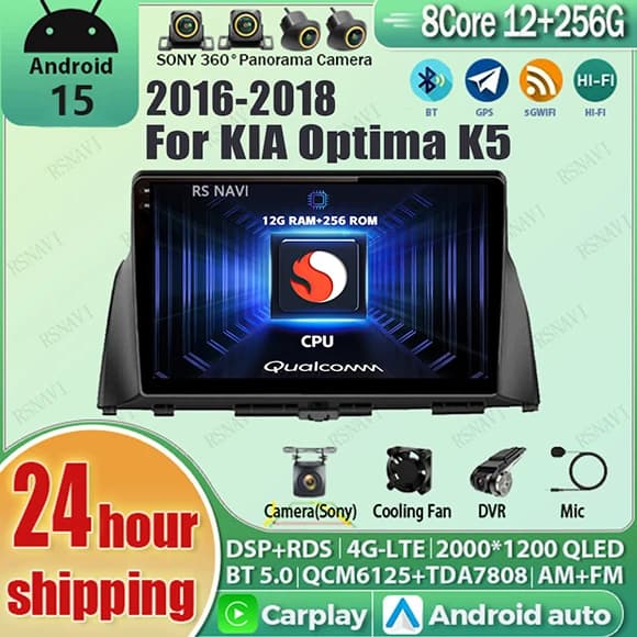 Android 15 Carplay Auto Qualcomm 2K QLED Schermo Lettore di autoradio per KIA Optima K5 2016 - 2018 GPS Stereo Wifi BT 4G Multimediale