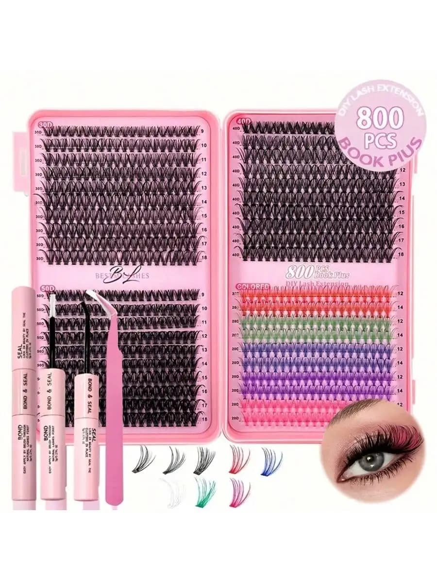 Set di 800 Ciglia Finte Colorate Fai-da-Te, Include Adesivo e Sigillante, Pinzette, Ciglia Finte DD Riutilizzabili e Leggere