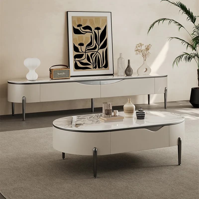 Tavolino da salotto di lusso Set di supporti TV con gambe in acciaio inossidabile Tavoli centrali moderni con doppi cassetti Elegante supporto TV