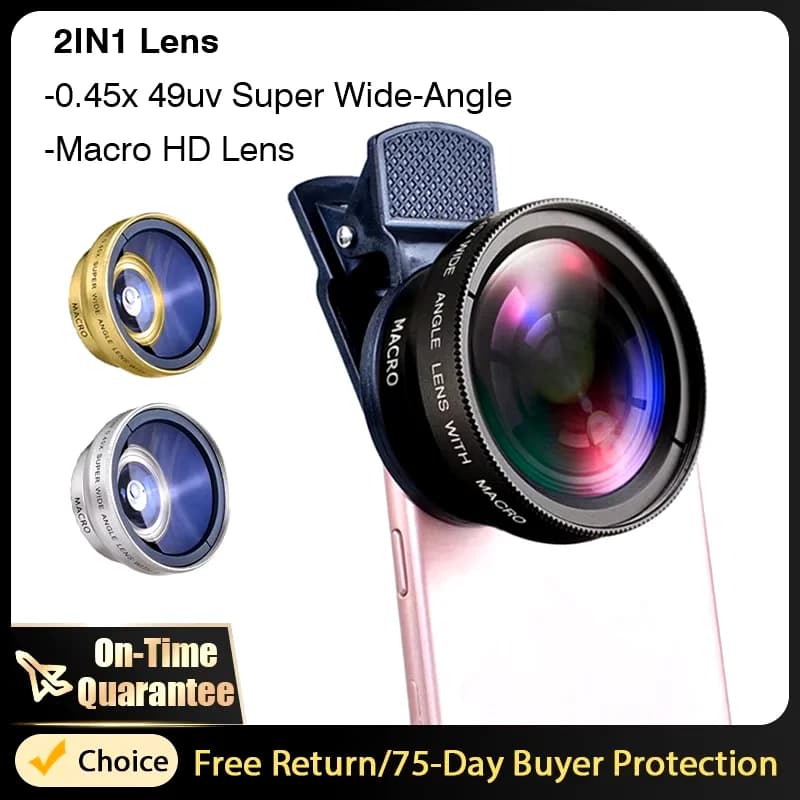 Clip for universal lens 2 in 1 Lens for mobile phone from 37 mm Professional 0,45X 49Uv Super wide-angle lens + Macro HD for iPhone Android