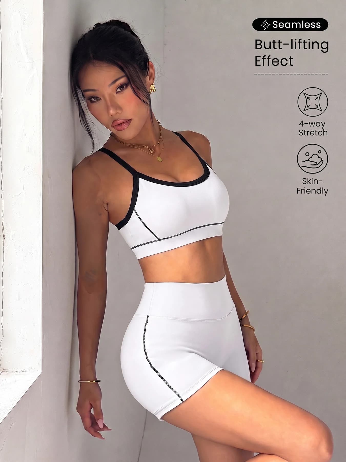 Contrast Trim Seamless Workout Set Women Push Up Sports Bra Butt Lifting Biker Shorts Gym Wear