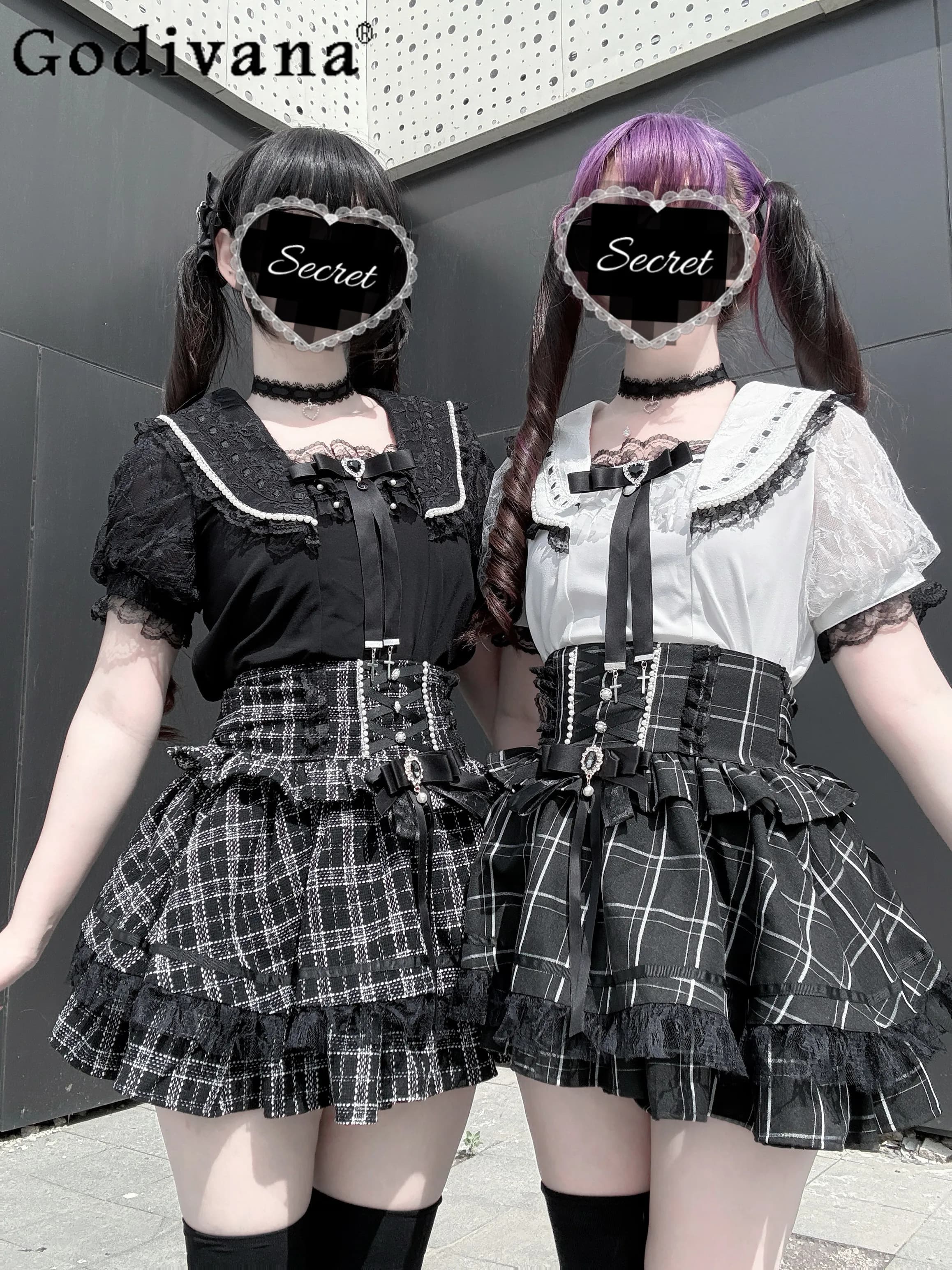 Set gonna a quadri della serie Japanese Mine, prodotto in serie, completo da 2 pezzi, completo gonna e camicia a maniche corte da donna, stile Lolita dolce, per l'estate.