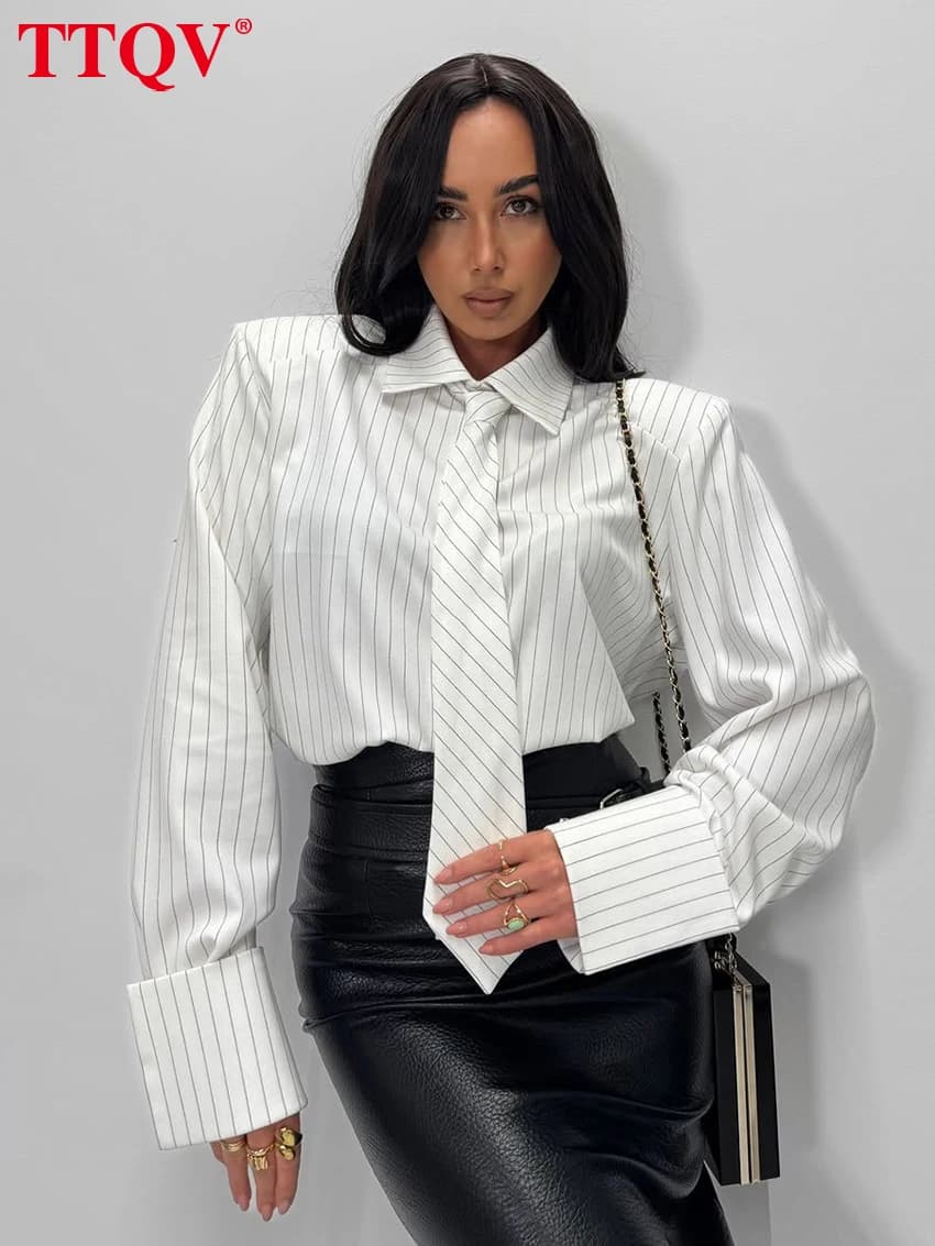Camicia da Donna TTQV alla Moda con Stampa a Righe, Collo a Revers, Maniche Lunghe, Elegante e Classica, Primavera 2026
