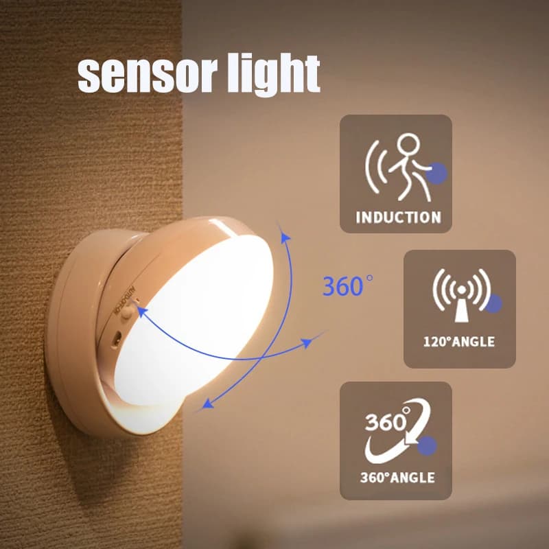 360 ° Lampada Notturna Intelligente con Sensore di Movimento PIR, Ricaricabile USB, a Risparmio Energetico, per Camera da Letto, Armadio, Comodino, Scale