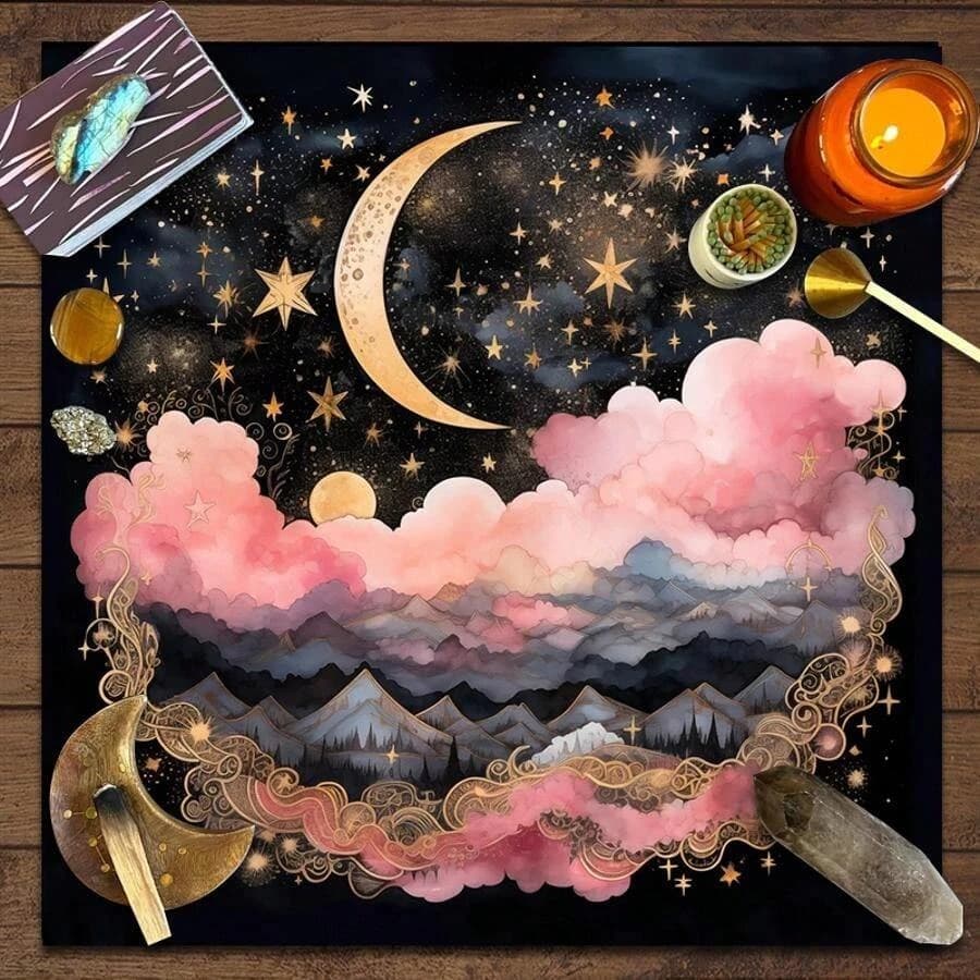 Tovaglia per Tarocchi, Panno per Altare con Fasi Lunari, Sole e Cielo Stellato, Accessori per Rituali di Stregoneria, Decorazione per Divinazione