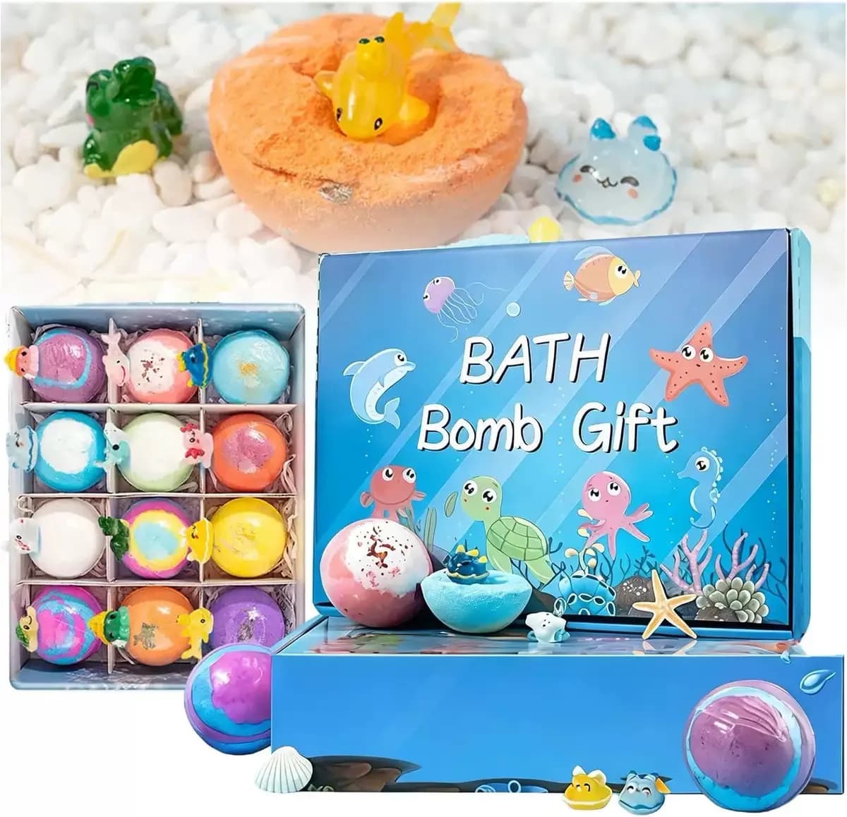 Confezione da 12 palline da bagno per bambini con sale marino naturale, scatola regalo con sorpresa all'interno: uovo di dinosauro e bagno oceanico per idratare la pelle secca