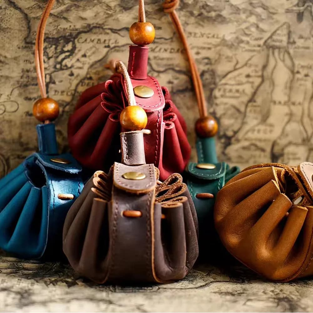 GuoNiu Handmade Top Grain Leather Coin Purse, Vintage Drawstring Wallet Unisex Genuine Leather Organizer Pouch
