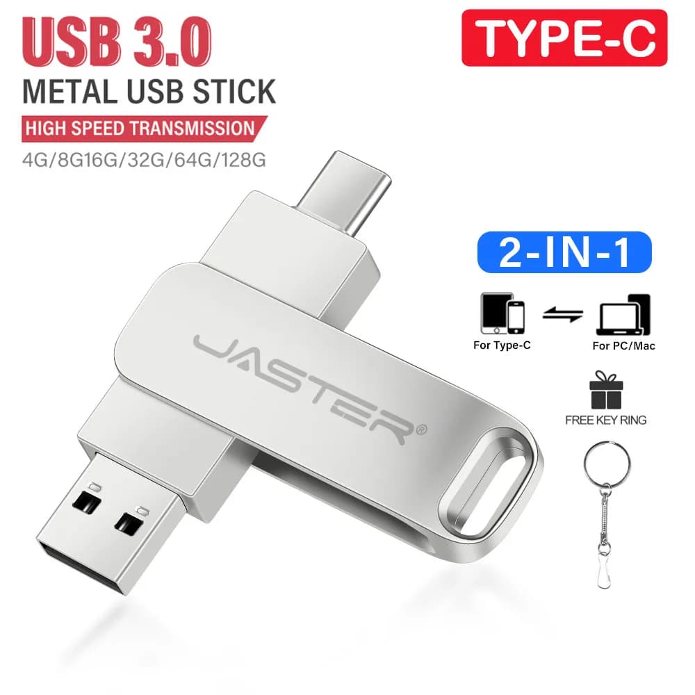 JASTER TYPE-C USB3.0 2 IN 1 Pen Drive 128 GB Chiavetta USB 3.0 ad alta velocità 64 GB Memory Stick in metallo 32 GB Portachiavi gratuito Chiavetta USB