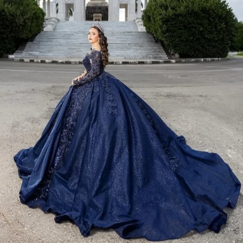 Abito Quinceanera blu scuro lucido Pizzo di cristallo con perline glitter decalcomania Coda lunga Coda lunga abiti da 15 Quinceanera Personalizzato