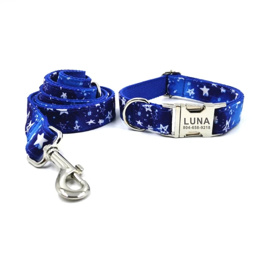 Collare per animali con stelle personalizzate Targhetta per cuccioli personalizzata Etichetta identificativa Fibbia regolabile Guinzaglio per collari base con stella spaziale blu