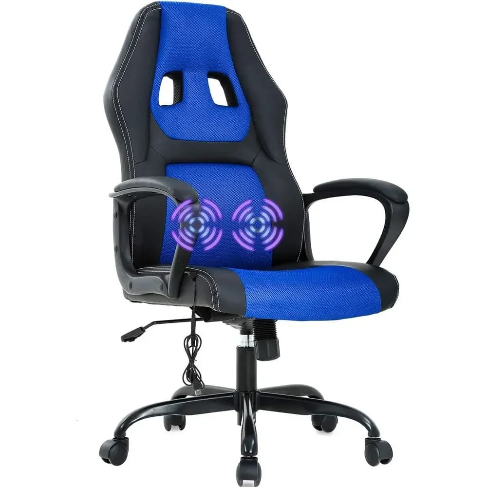 Ergonomic PU Leather Gaming Chair with Swivel, Massage Lumbar Support, Padded Armrests - Blue