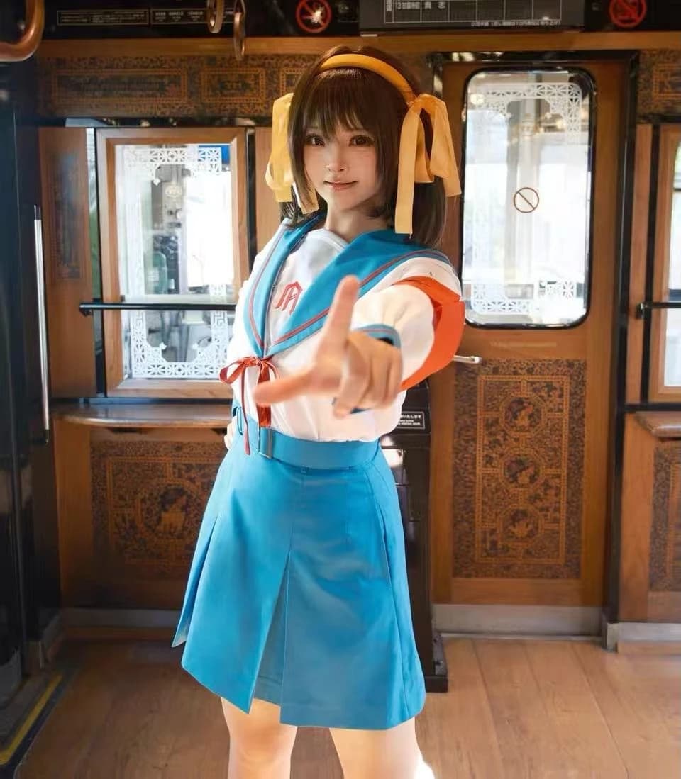 Costume Cosplay Anime Suzumiya Haruhi per Donne e Ragazze, Uniforme Blu da Marinaio JK con Top e Gonna, Outfit per Halloween, Carnevale e Natale