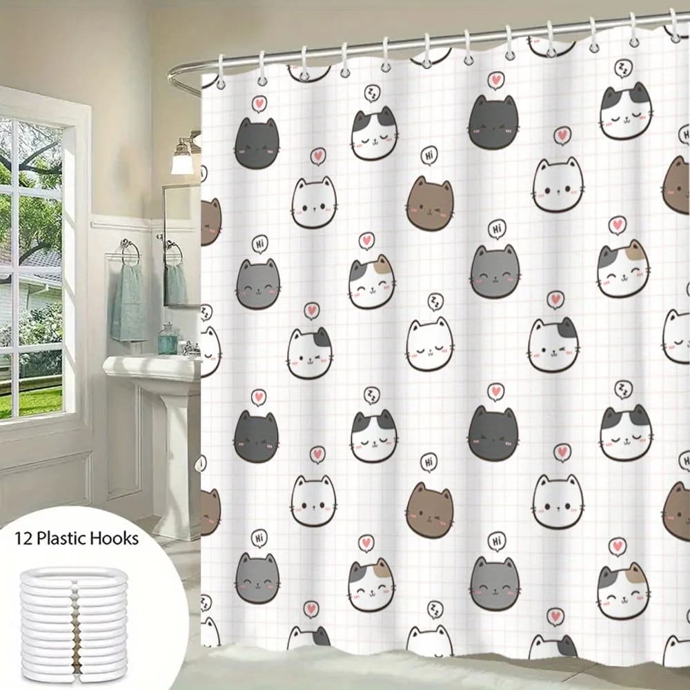 Tenda da doccia con testine di gatti dei cartoni animati su sfondo a griglia, 12 ganci, lavabile in lavatrice, decorazione kawaii per bagno e hotel
