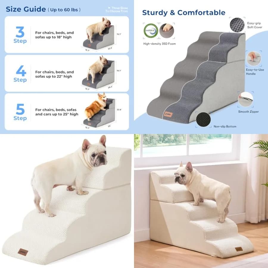Scale per Cani per Letti Alti - Rampa per Divano, Gradini in Schiuma 35D per Animali Domestici di Piccola e Grande Taglia, con Base Antiscivolo Beige, 5 Gradini
