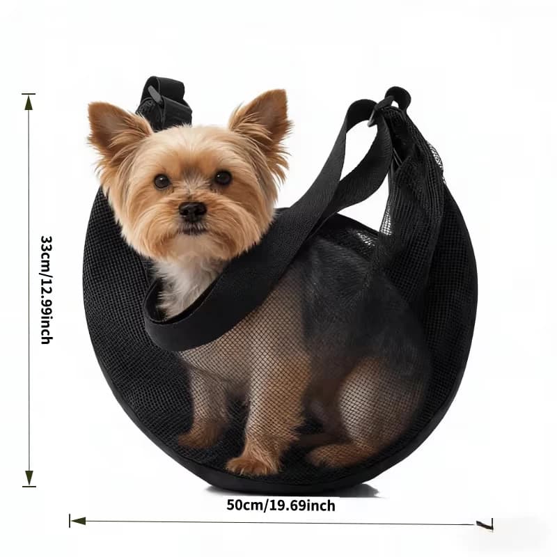 Mesh pet carrier—lightweight and breathable—designed for crossbody or over-the-shoulder wear; an outdoor backpack for small pets