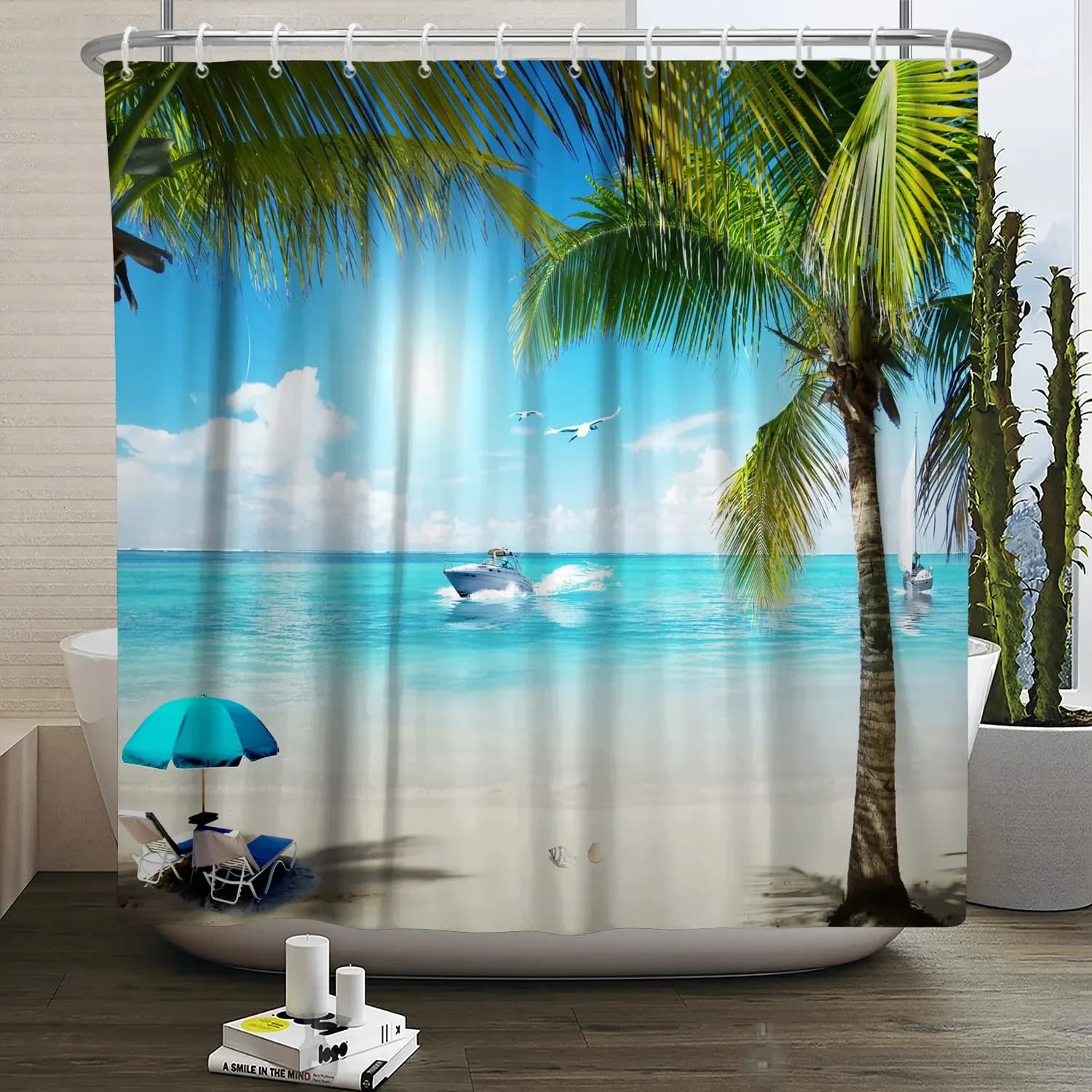 Tenda da doccia Tropical Beach, stampa con palme e paesaggio oceanico, tenda da bagno impermeabile in poliestere con ganci