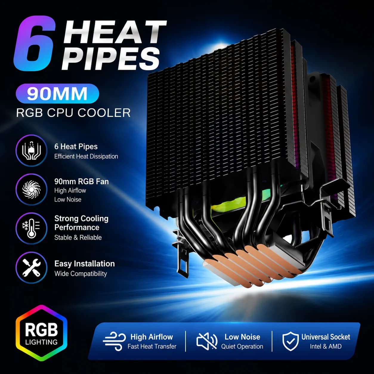 Silent Office Computer Cooler RGB CPU Fan 6 Heat Pipe 4pin/PWM Air-cooled for LGA115X 1200 2011 2066 X79 X99 AMD AM4 AM5