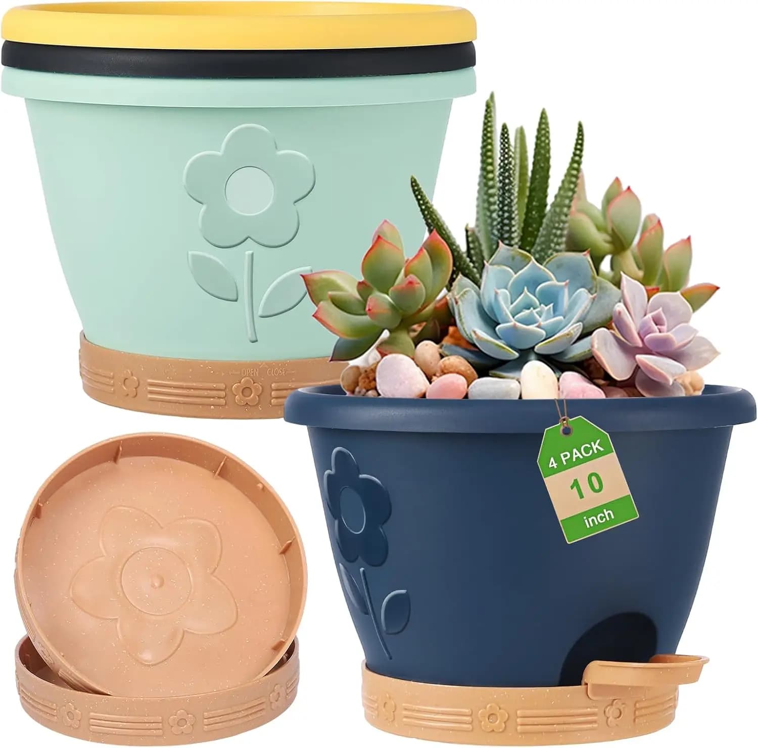 Set of 4 Auto-irrigating 10 Inch Vases with Draining Holes, Underwater and Tank for Indoor/Exterior Plants