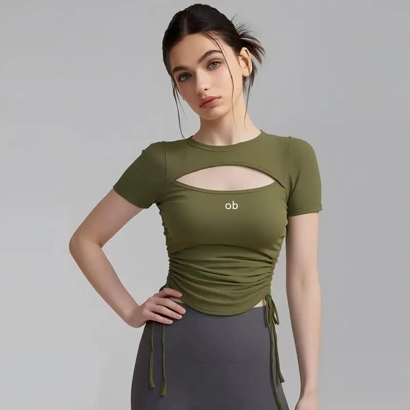 Yoga knitted cross-border fitness Pilates elastic band fixed chest pad slimming open-front short-sleeved summer t-shirt