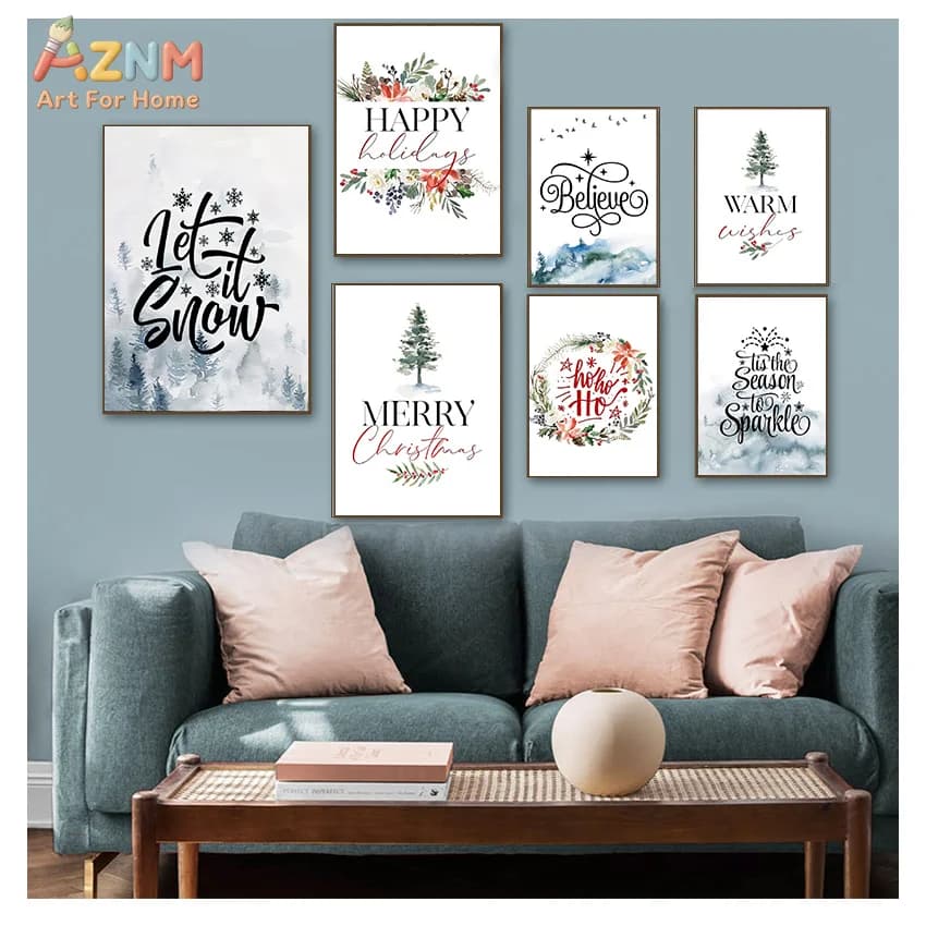 AZNM Watercolor Christmas Quotes Canvas Wall Art Print Decor