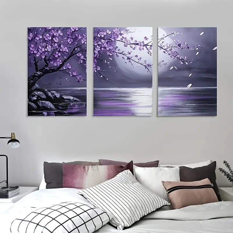 Wall set on canvas with flat frame 2D from 3 pieces without frame - Purple flowers and full moon design, wooden frame, ready to hang - Idea