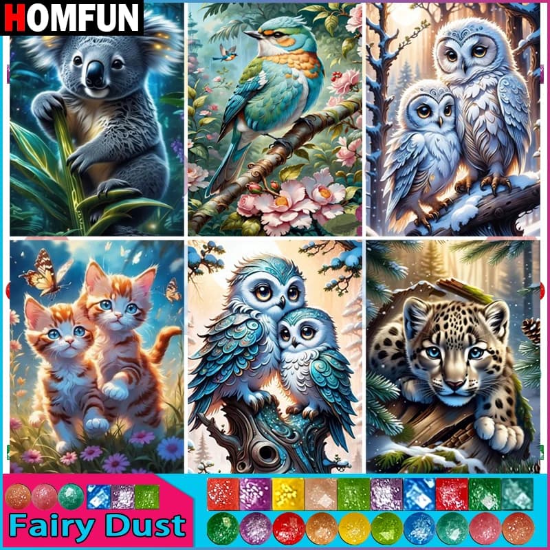 HOMFUN Fata Polvere Diamante Ricamo "Uccello Gufo Gatto Leopardo Koala" Modello FAI DA TE 5D Pittura Diamante Ricamo Pittura Completa Trapano