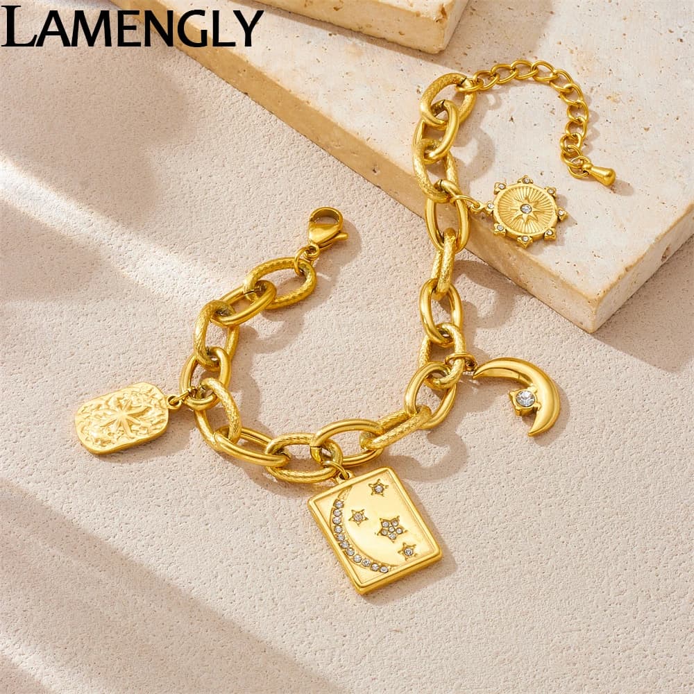 LAMENGLY Bracciale con pendente a disco stella lunare in zircone squisito in acciaio inossidabile 316L per le donne Gioielli con catena a mano elegante nobile