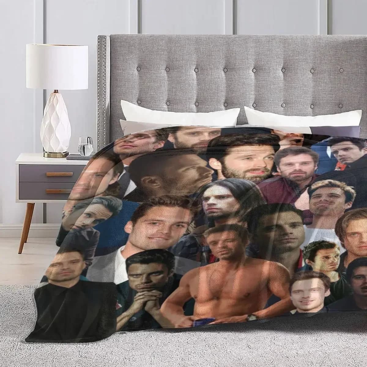 Sebastian Stan Photo Blanket Handsome Actor Camping Flannel Throw Blanket Super Soft Outdoor Design Bedspread Gift