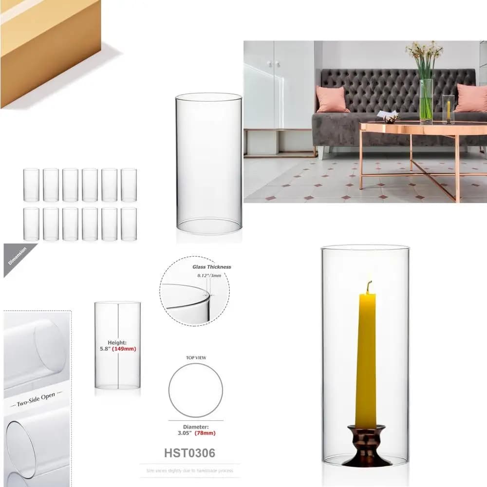 Hurricane candle holder in transparent glass, 3 diameters, 6 high, cylinder design, open lampshade, chimney tube for candles