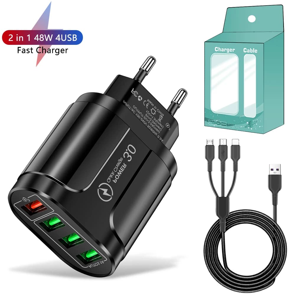 Cavo 3in1 Caricatore USB da 45 W Ricarica rapida QC 3.0 Ricarica da parete per iPhone 14 13 Samsung Xiaomi Mobile Adattatore spina UE USA da viaggio
