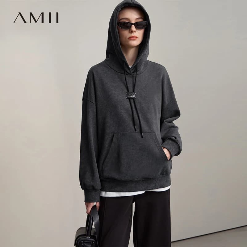 AMII Felpe con cappuccio Donna 2025 Autunno Nuovo con cappuccio Donna allentata Felpe in cotone lavorato a maglia Maniche a spalla Versatile Top femminile 12543107
