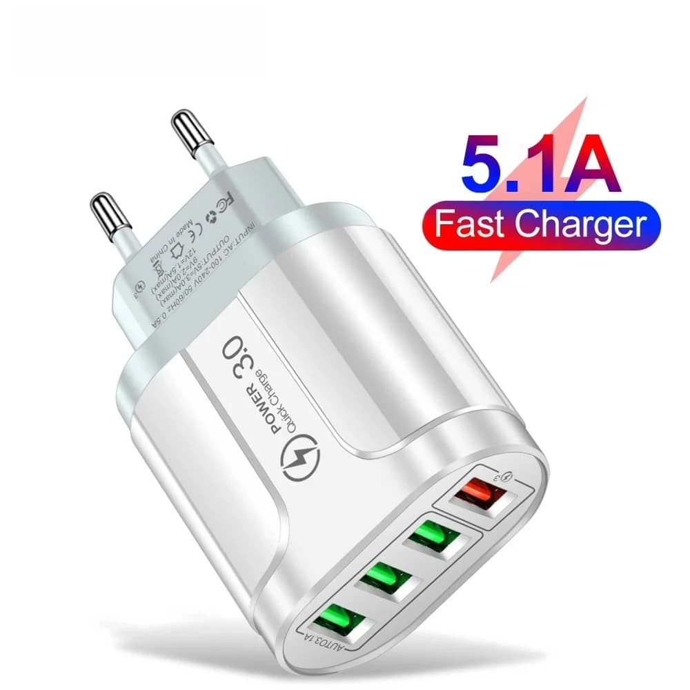 Caricatore USB a 4 porte 48W con tecnologia Quick Charge 3.0, adattatore da parete per iPhone, Samsung, Xiaomi, con spina EU/US/KR, caricatore rapido da viaggio per cellulari.