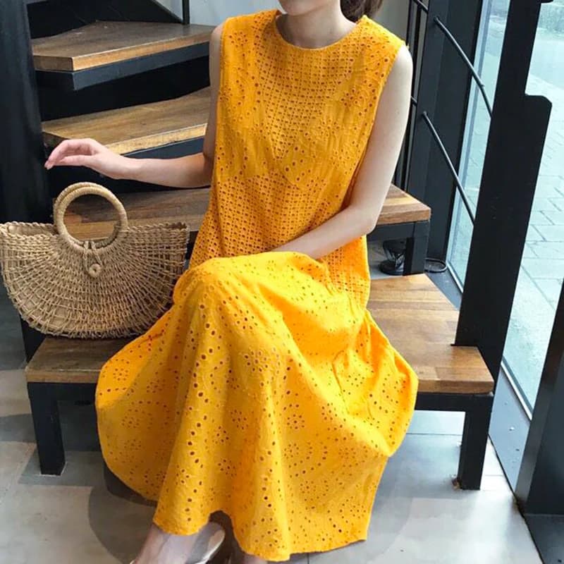 Elegant Summer Lace Hollow out Loose Women's Dress round Neck Heavy Embroidery Chic Long Dress Commute Style Pure Color