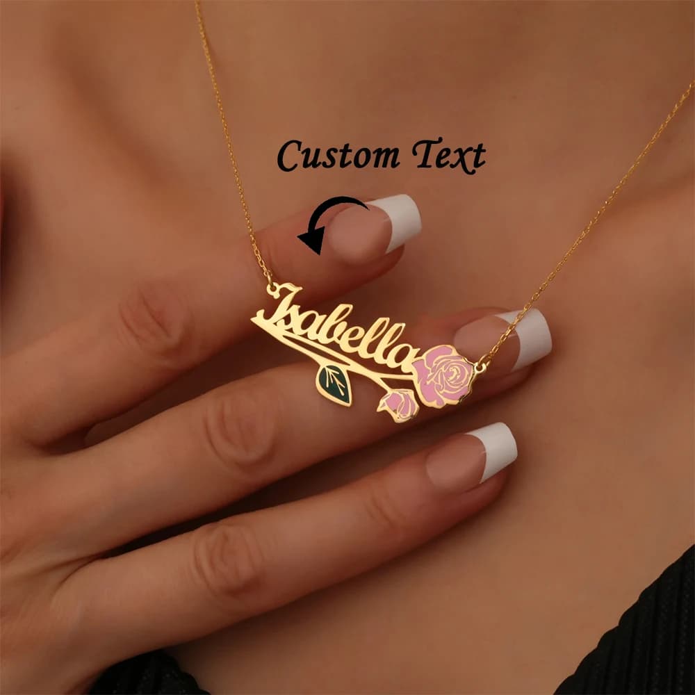 Collana personalizzata con nome e fiore di nascita colorato per donna, ciondolo personalizzato color oro, gioielli in acciaio inossidabile, regalo per la festa della mamma