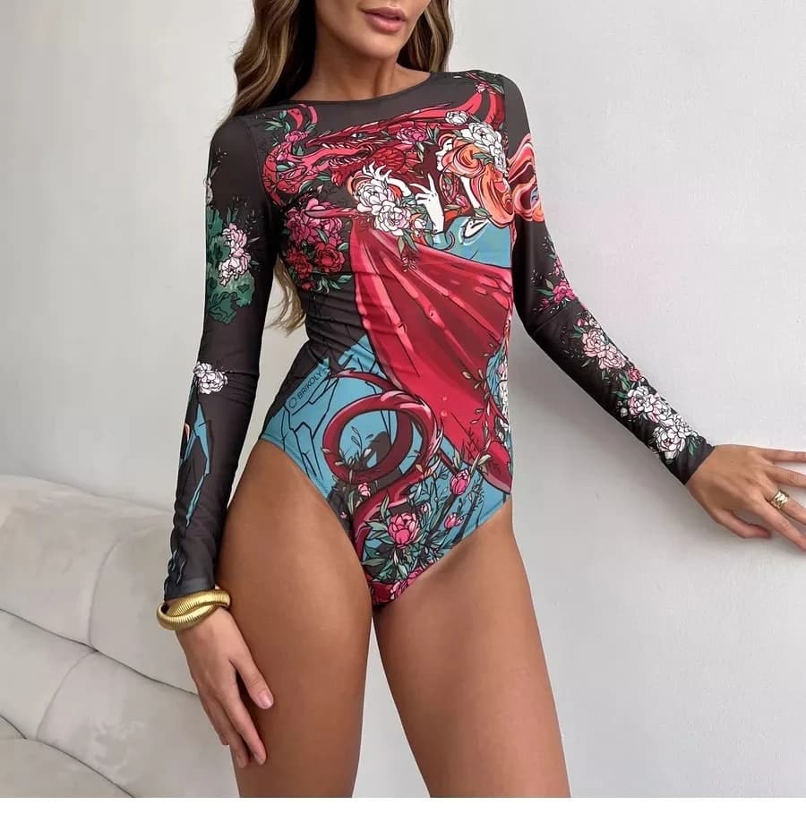 Costume da bagno da donna a maniche lunghe con tatuaggio Protezione UV Rash Guard SPF Protezione solare Tuta da surf Costumi da bagno da sub Abbigliamento sportivo da spiaggia Tute