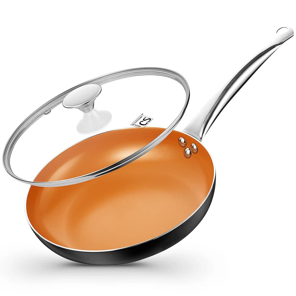 LMETJMA Padella con coperchio da 8 pollici, padella da chef con rivestimento in ceramica, compatibile con l'induzione, padella per omelette, padella antiaderente piccola