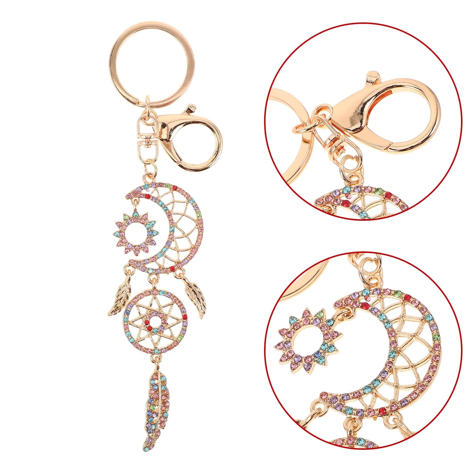 Dreamcatcher Keychain Rhinestone Moon Mini Dreamcatcher Purse Charm Boho Car Pendant Good Luck Charm for Women