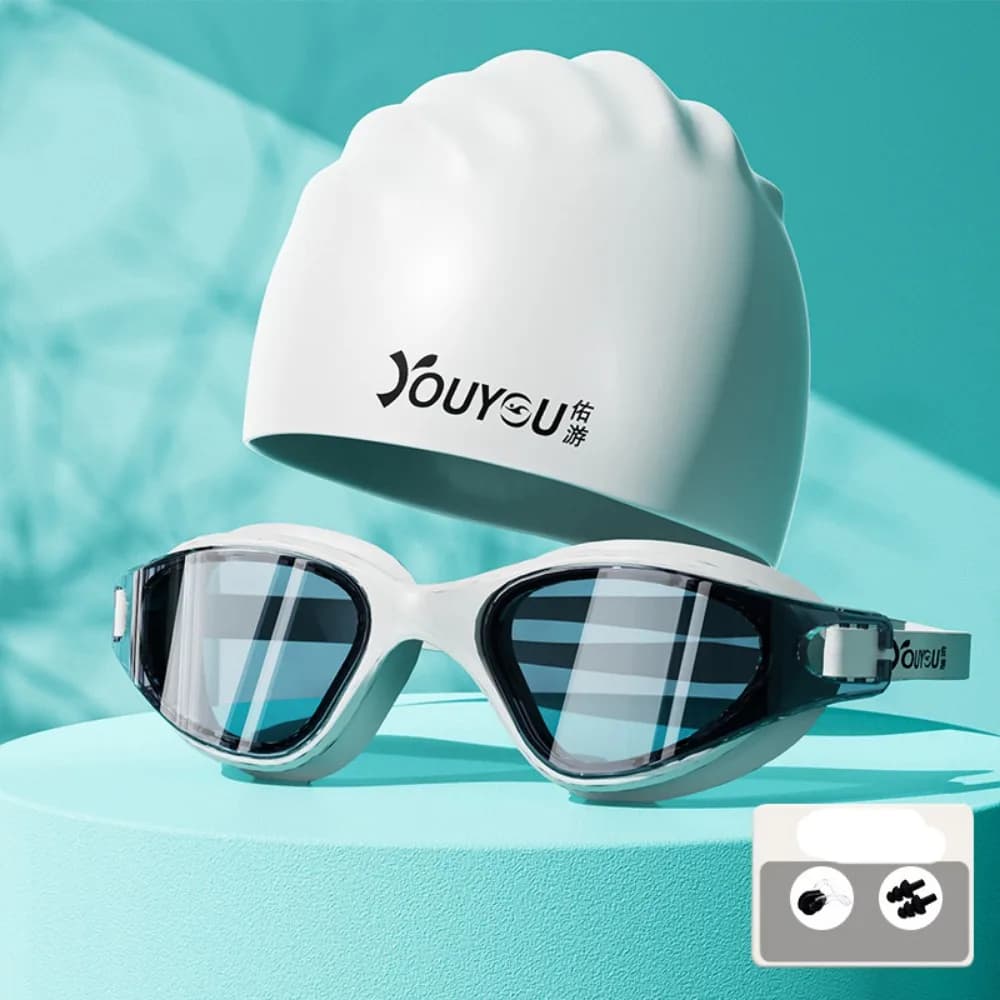 Anti-fog Adult Swimming Goggles Set with Nose Clip with Ear Plugs Silicone Swim Cap Unisex Ultralight Diving Eyewear Summer