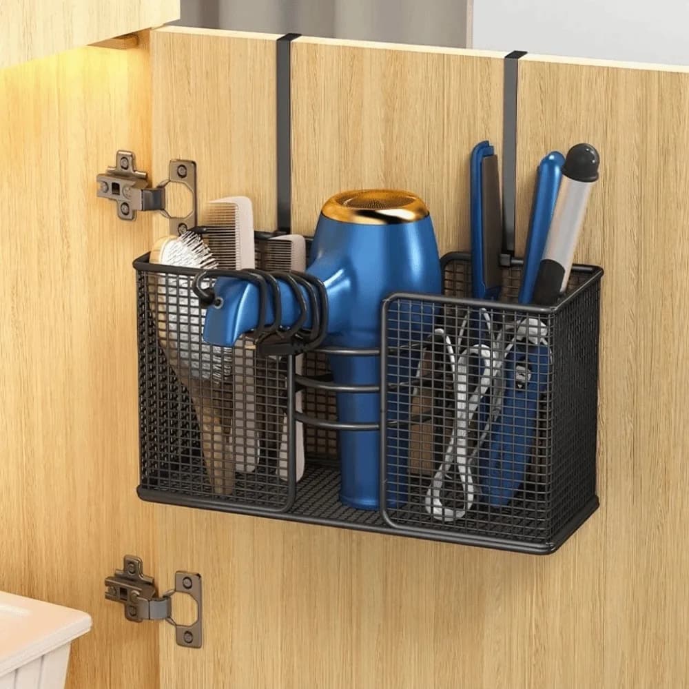 Wall Mounted Hair Dryer Storage Rack Iron Large Capacity Comb Curling Storage Rack No-Drill Space Saving Plastic Wrap Holder