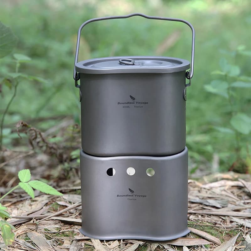 Boundless Voyage Set of outdoor camping titanium pots wood stove 2 in 1 cup of table 0.8 L charcoal stove