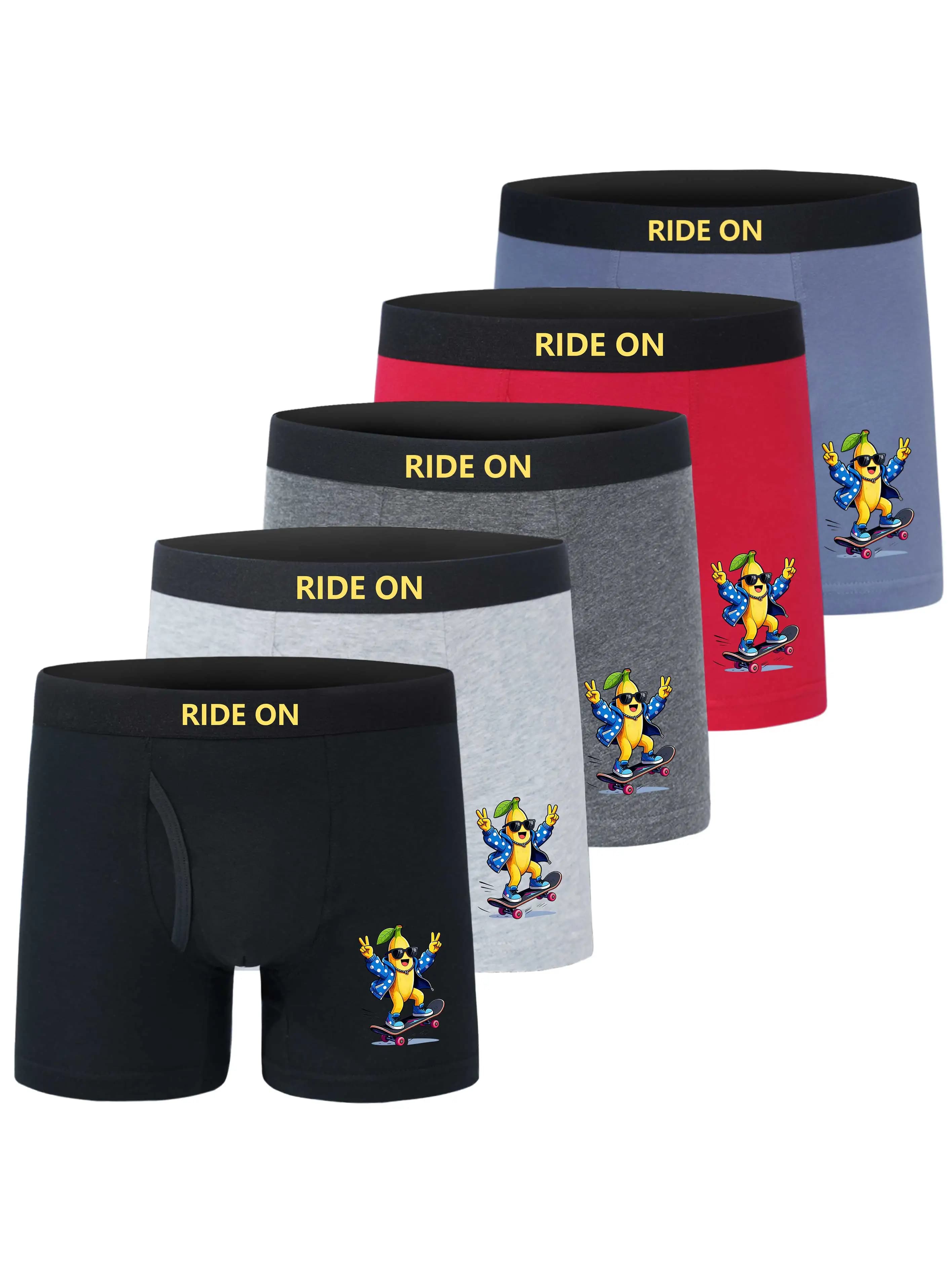5-Pack Boys Boxer Briefs Cool Skateboard Banana Print 95% Cotton Kids Underwear Breathable Funny Skater Panties