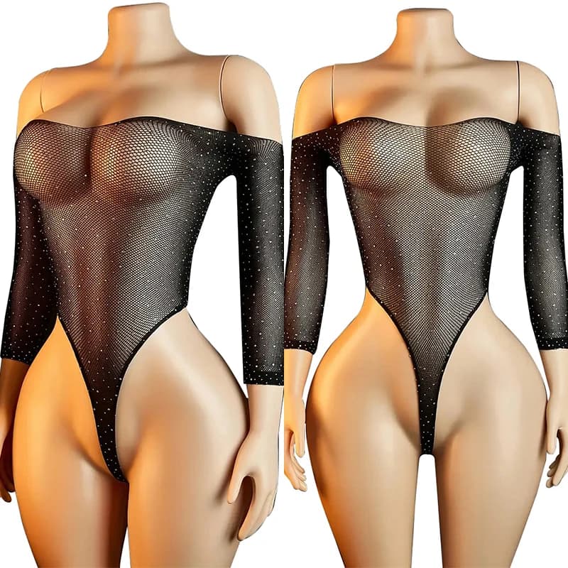 Tuta sexy con scollo a goccia e maniche lunghe, traforata, per ragazze audaci, sottile e modellante, con calze in rete trasparente.